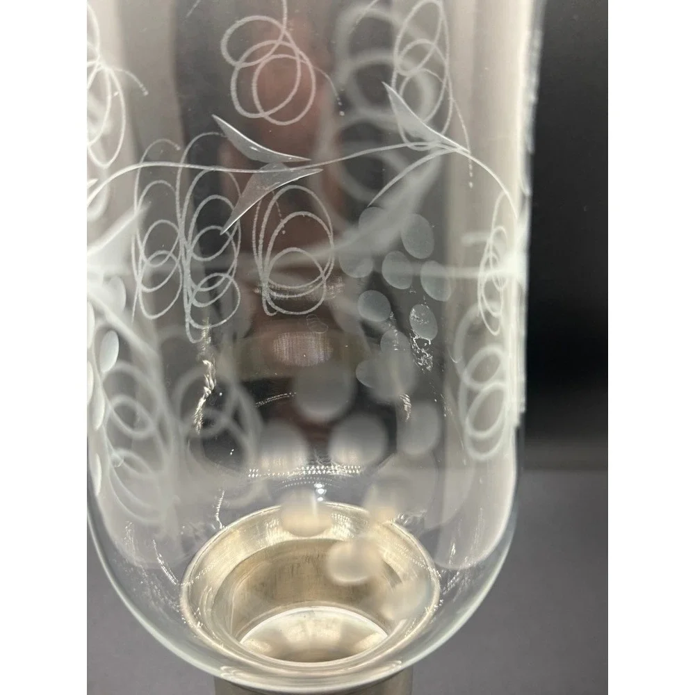 Vintage Web Pewter Hurricane Candle Holder Etched Glass Shade Mid Century MCM